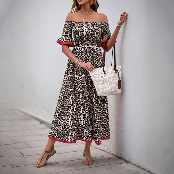 Leopard Print Midi Dress with Off-Shoulder and Ruffle Details