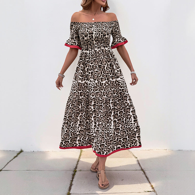 Leopard Print Midi Dress with Off-Shoulder and Ruffle Details