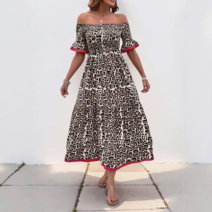 Leopard Print Midi Dress with Off-Shoulder and Ruffle Details
