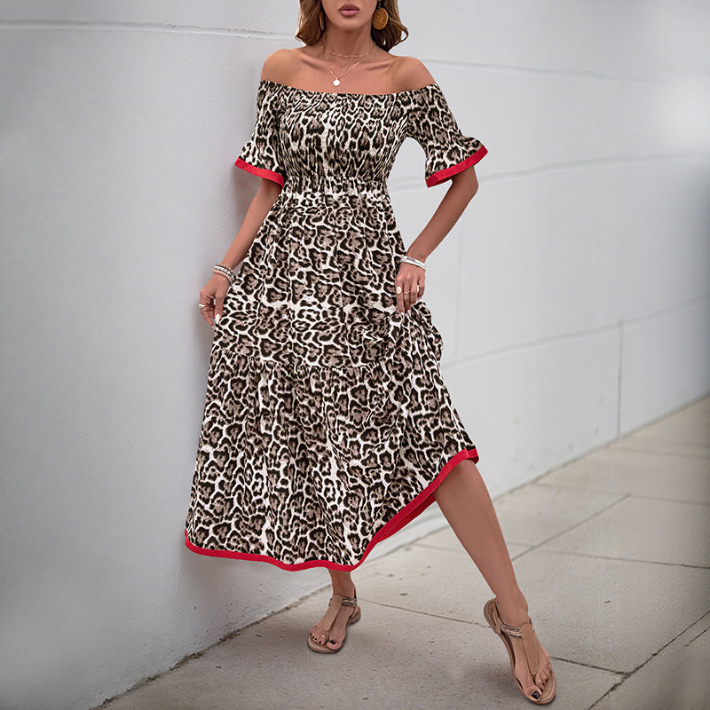 Leopard Print Midi Dress with Off-Shoulder and Ruffle Details
