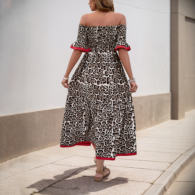 Leopard Print Midi Dress with Off-Shoulder and Ruffle Details