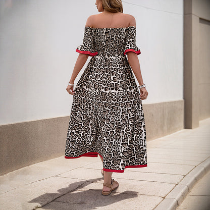 Leopard Print Midi Dress with Off-Shoulder and Ruffle Details