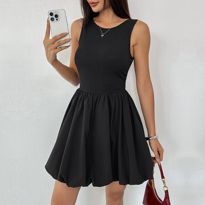 Solid Ribbed Sleeveless Dress with Backless and Bubble Skirt