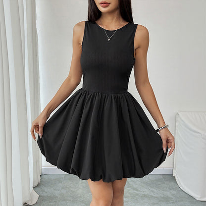 Solid Ribbed Sleeveless Dress with Backless and Bubble Skirt