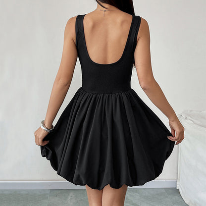 Solid Ribbed Sleeveless Dress with Backless and Bubble Skirt