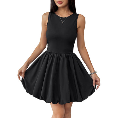 Solid Ribbed Sleeveless Dress with Backless and Bubble Skirt