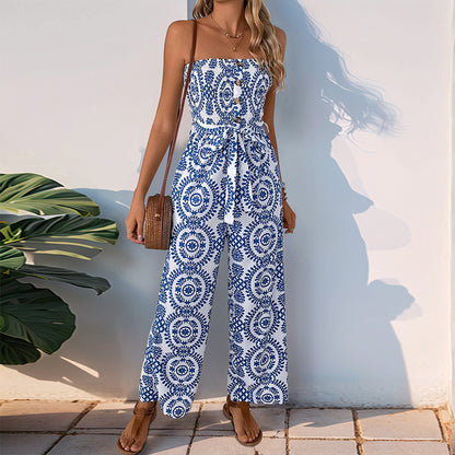 Ethnic Print Strapless Wide-Leg Jumpsuit with Tie-Waist