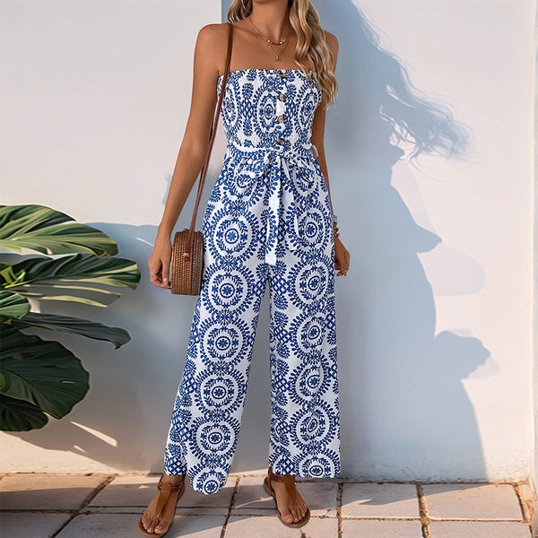 Ethnic Print Strapless Wide-Leg Jumpsuit with Tie-Waist