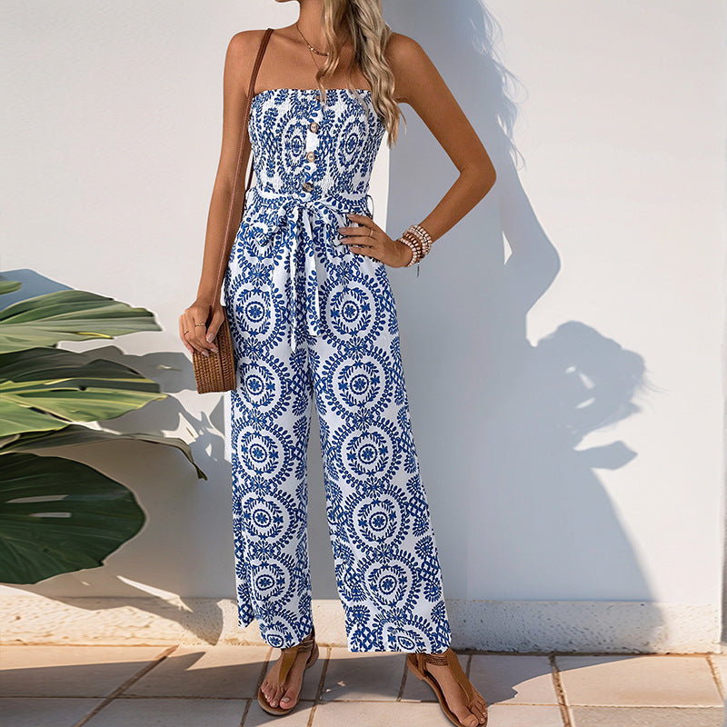 Ethnic Print Strapless Wide-Leg Jumpsuit with Tie-Waist