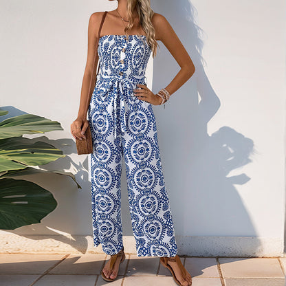 Ethnic Print Strapless Wide-Leg Jumpsuit with Tie-Waist
