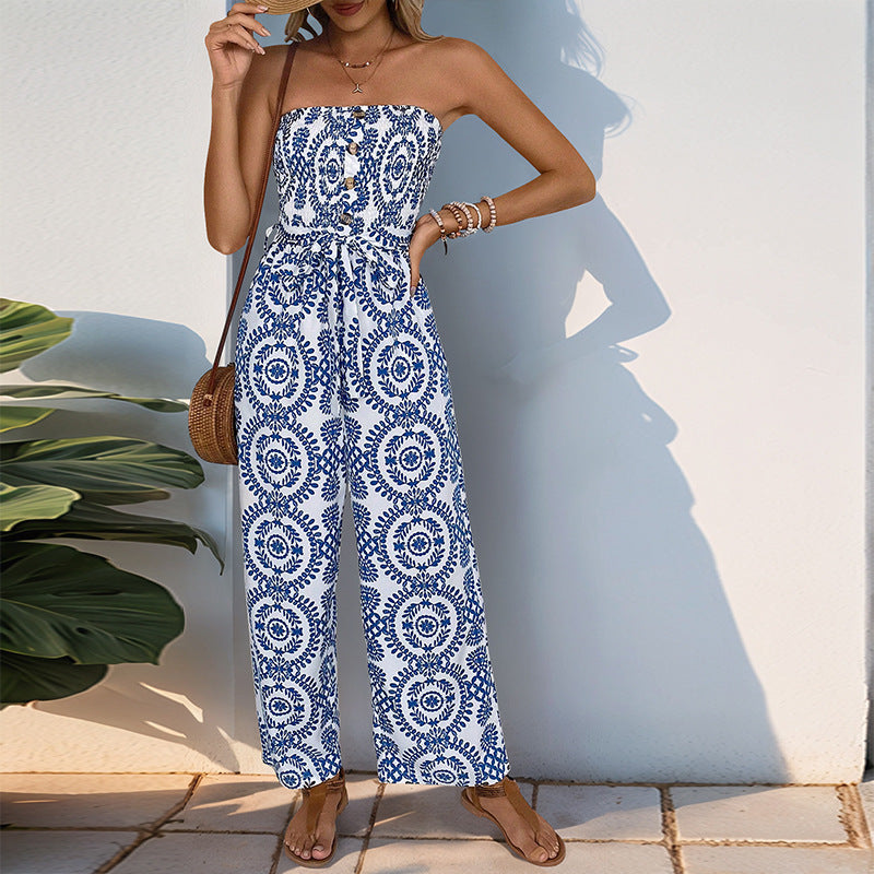 Ethnic Print Strapless Wide-Leg Jumpsuit with Tie-Waist