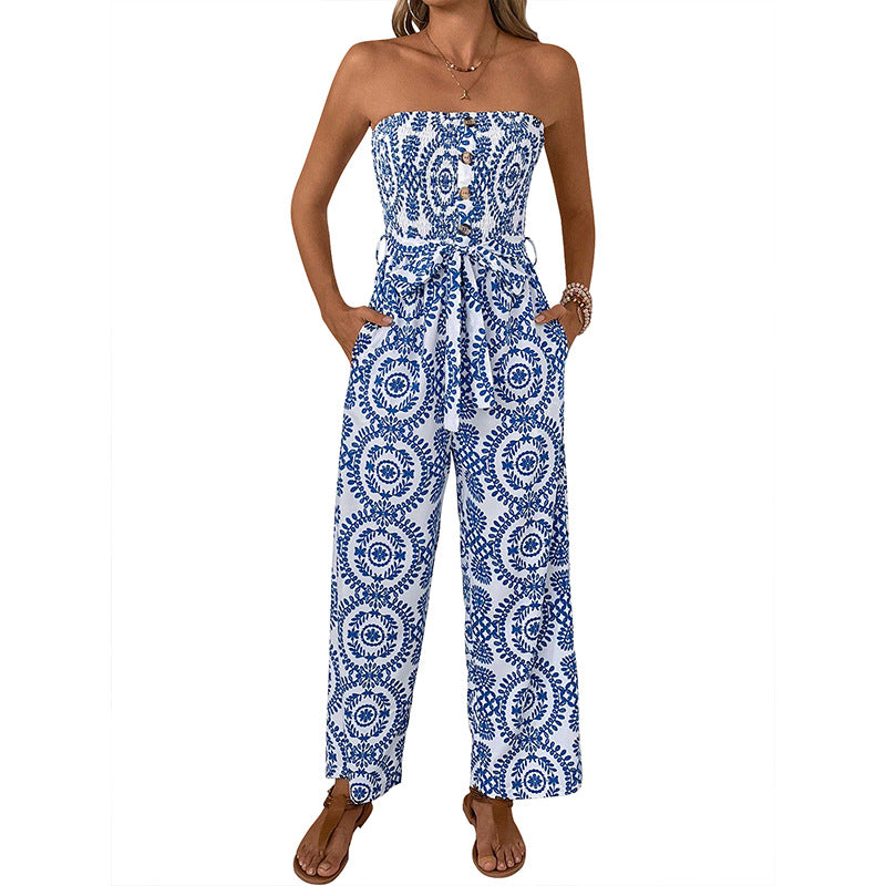 Ethnic Print Strapless Wide-Leg Jumpsuit with Tie-Waist