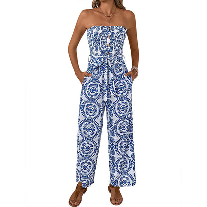 Ethnic Print Strapless Wide-Leg Jumpsuit with Tie-Waist