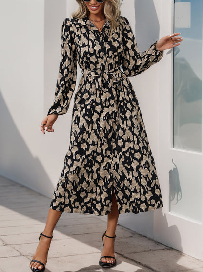 Abstract Print Shirt Dress with Tie-Waist and Slit