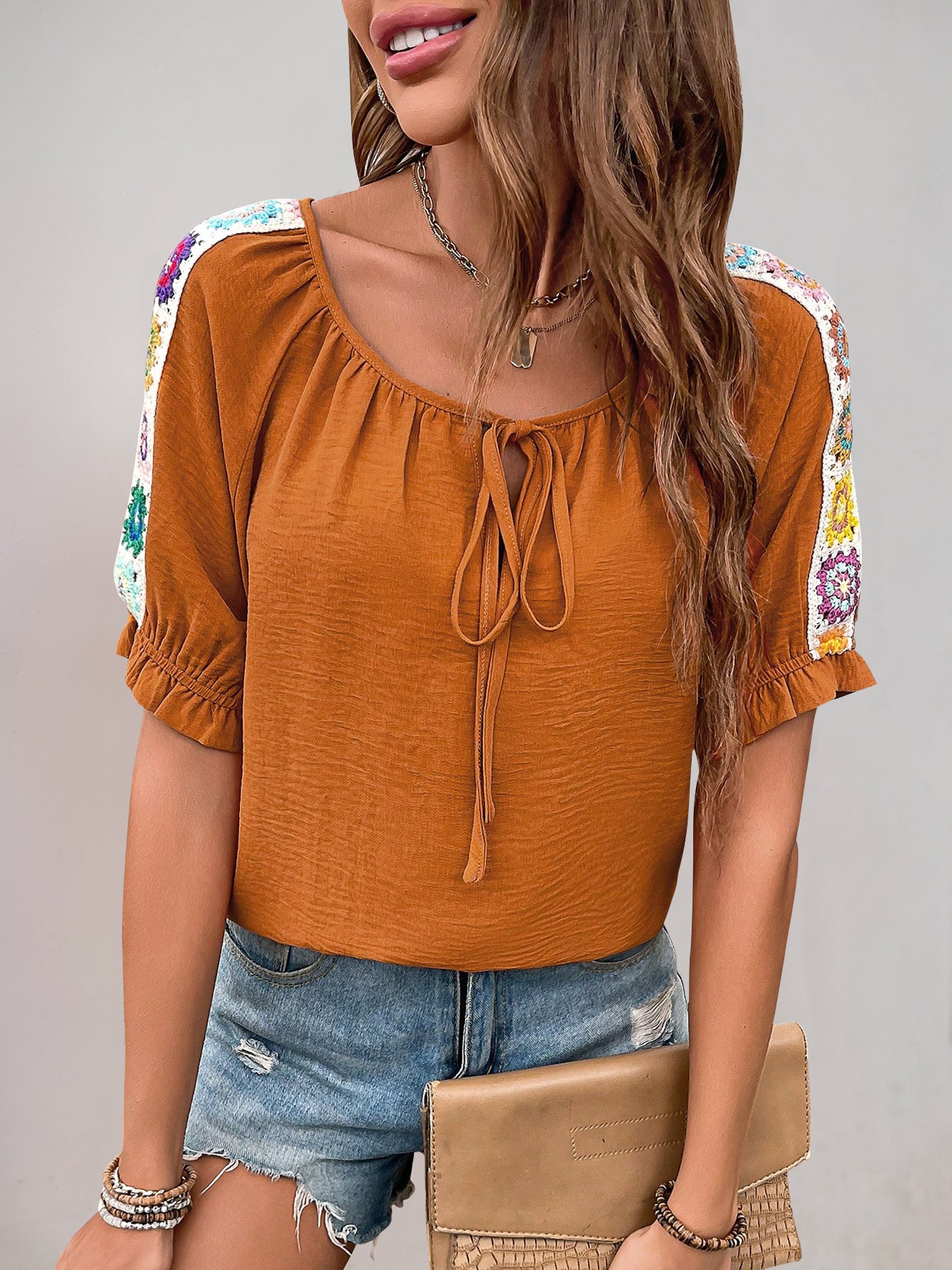Granny Square Panel Blouse with Puff Sleeves & Tie-Up Round Neck