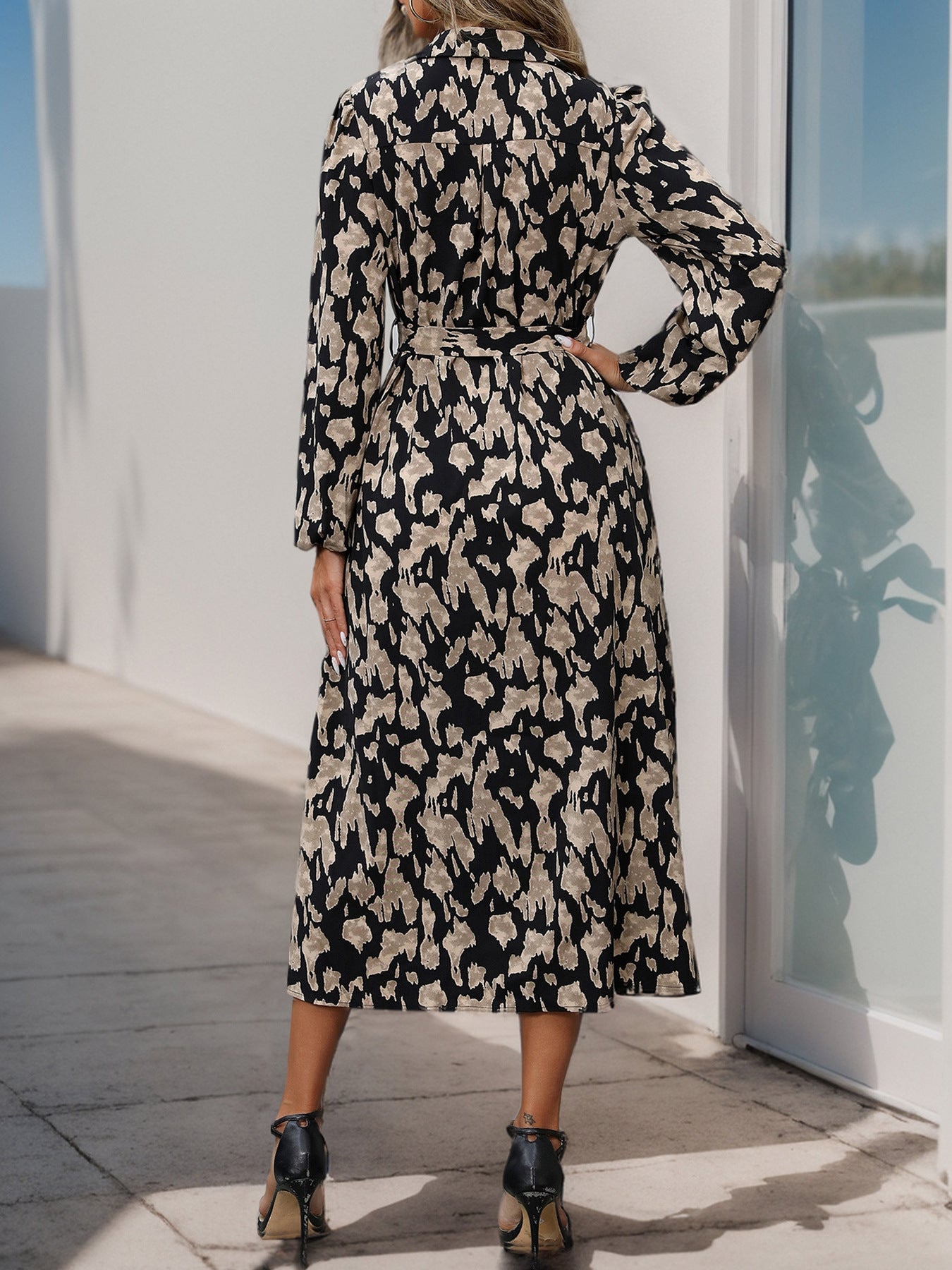 Abstract Print Shirt Dress with Tie-Waist and Slit