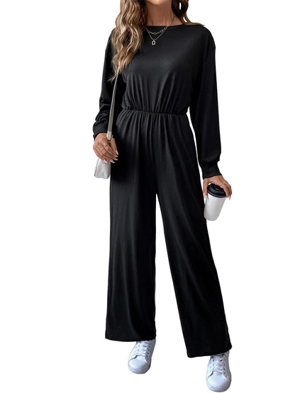 Relaxed Fit Jumpsuit with Long Sleeves and High Elastic Waist