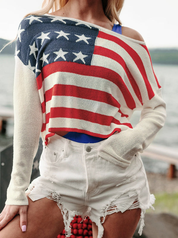 USA Flag Knit Sweater with Off-Shoulder Neckline
