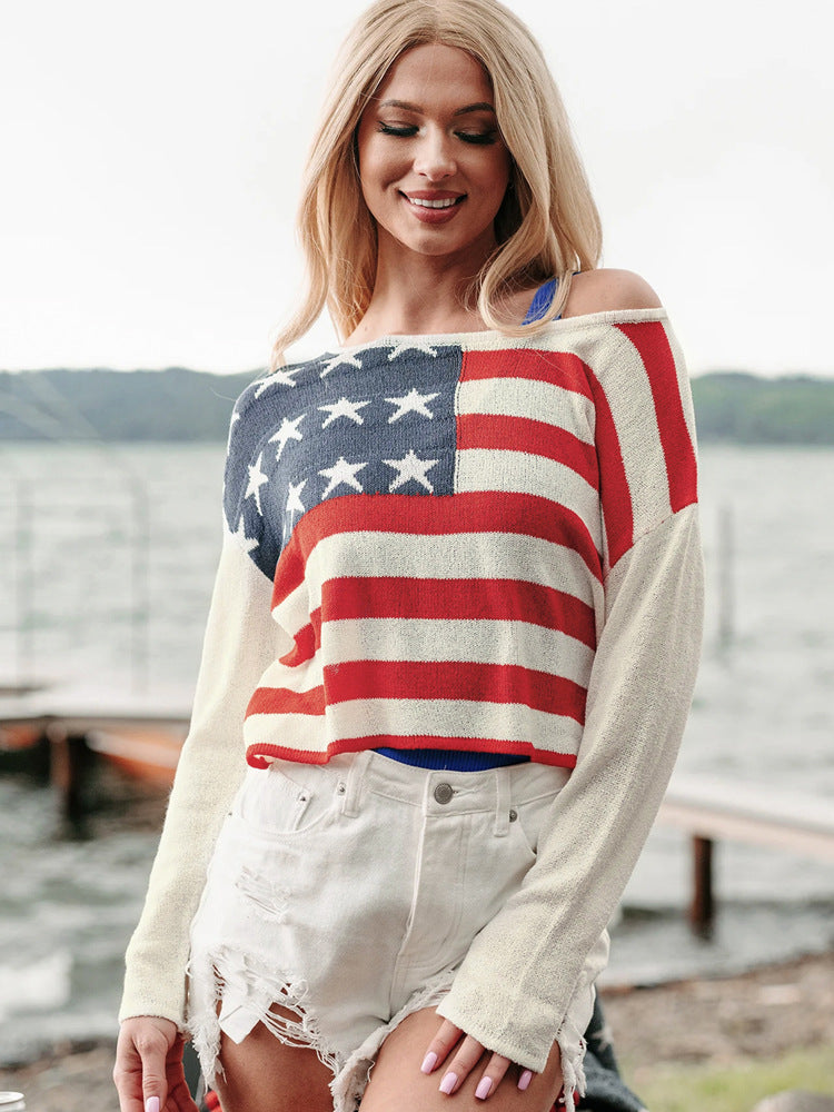 USA Flag Knit Sweater with Off-Shoulder Neckline