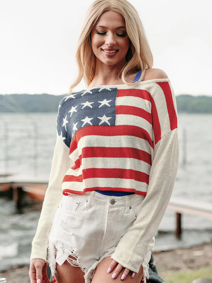 USA Flag Knit Sweater with Off-Shoulder Neckline