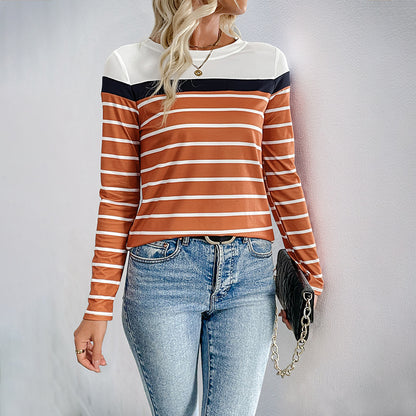 Color Block Striped Long-Sleeve Top with Round Neck