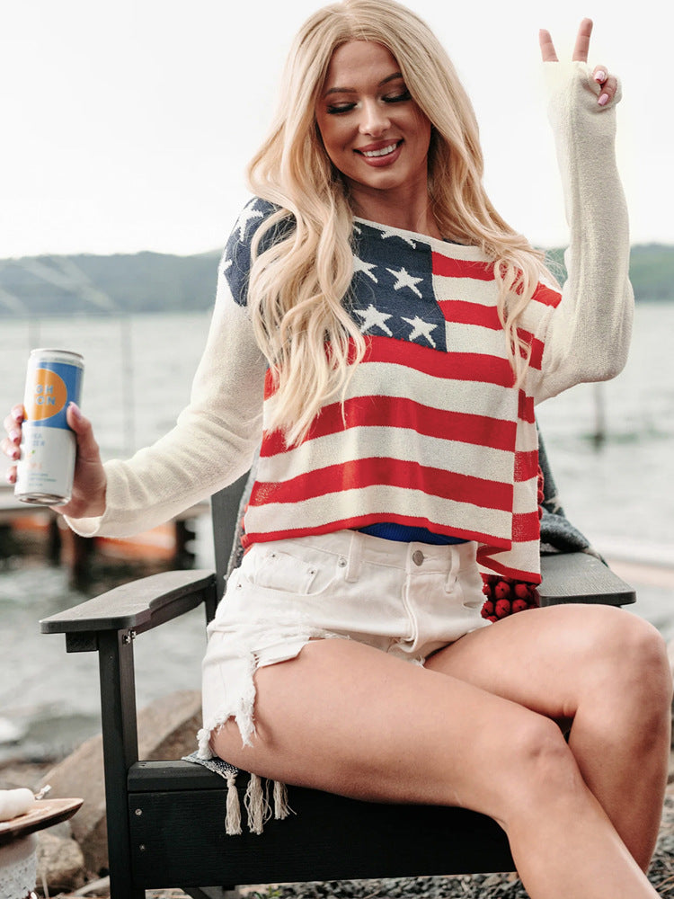 USA Flag Knit Sweater with Off-Shoulder Neckline