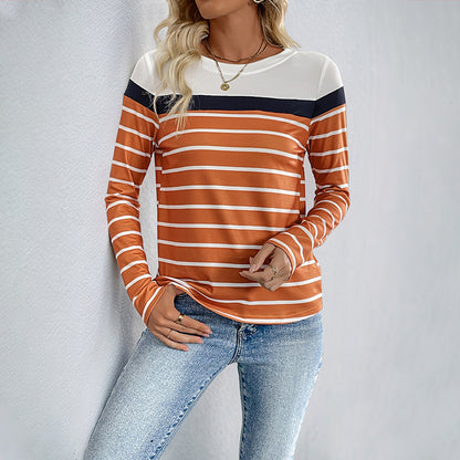 Color Block Striped Long-Sleeve Top with Round Neck