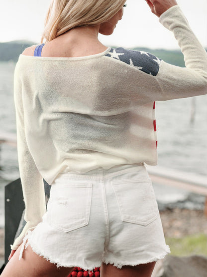 USA Flag Knit Sweater with Off-Shoulder Neckline