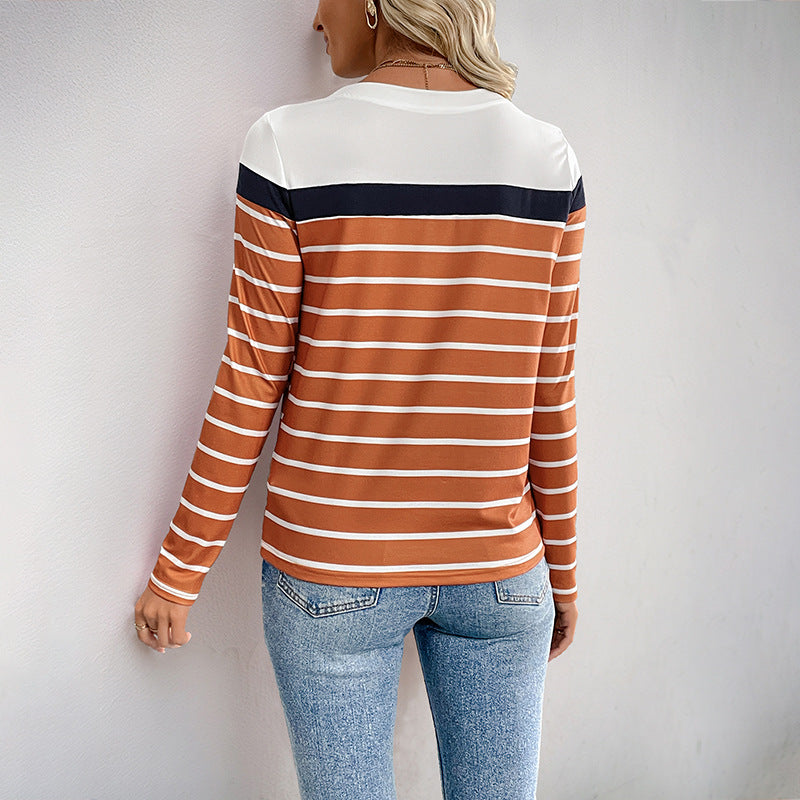 Color Block Striped Long-Sleeve Top with Round Neck