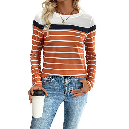 Color Block Striped Long-Sleeve Top with Round Neck