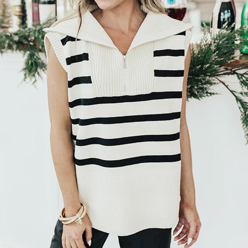 Striped Knit Vest with Lapel Collar and Quarter-Zip