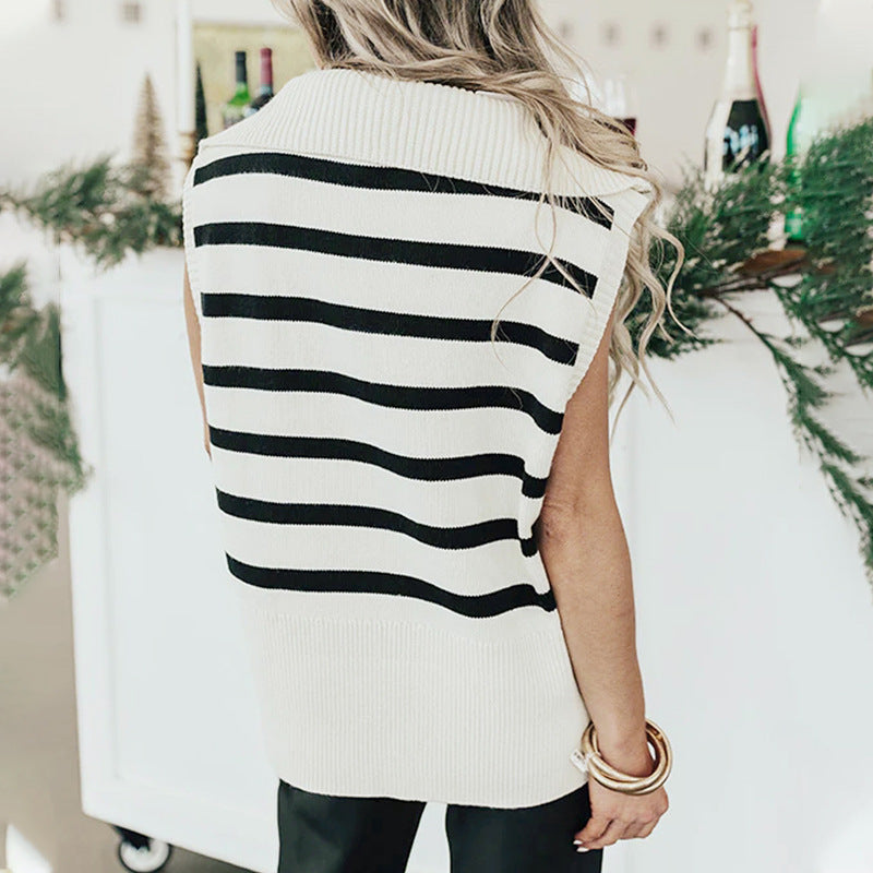 Striped Knit Vest with Lapel Collar and Quarter-Zip