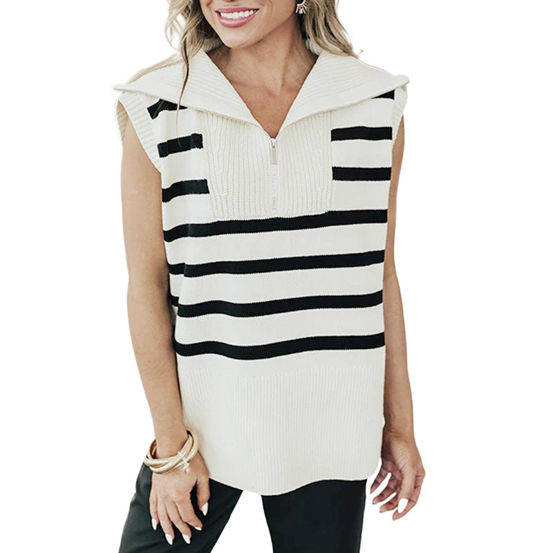 Striped Knit Vest with Lapel Collar and Quarter-Zip