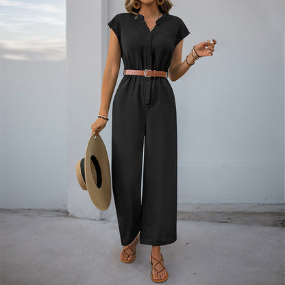 Sleeveless Wide-Leg Jumpsuit with V-Neck and Belt