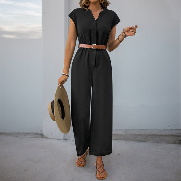 Sleeveless Wide-Leg Jumpsuit with V-Neck and Belt