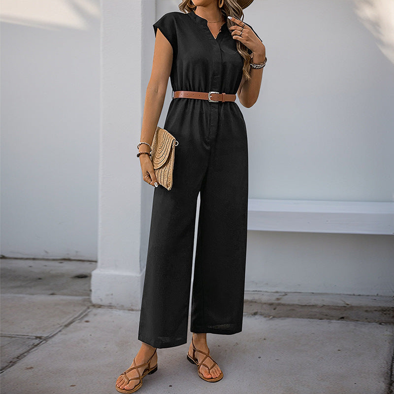 Sleeveless Wide-Leg Jumpsuit with V-Neck and Belt