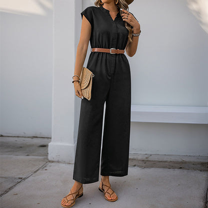 Sleeveless Wide-Leg Jumpsuit with V-Neck and Belt