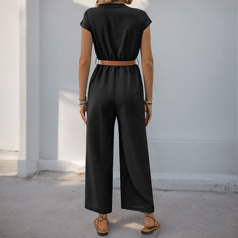 Sleeveless Wide-Leg Jumpsuit with V-Neck and Belt