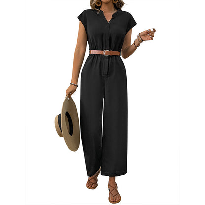 Sleeveless Wide-Leg Jumpsuit with V-Neck and Belt
