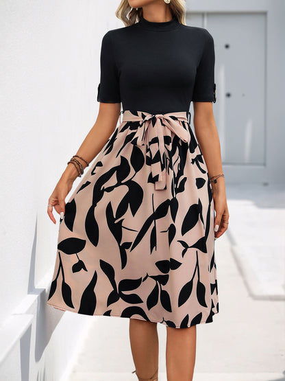 A-Line Midi Dress with Spliced Leaf Print and Half-Turtleneck
