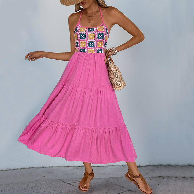 Tiered Maxi Dress with Halter Neck and Patchwork Bodice