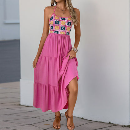 Tiered Maxi Dress with Halter Neck and Patchwork Bodice