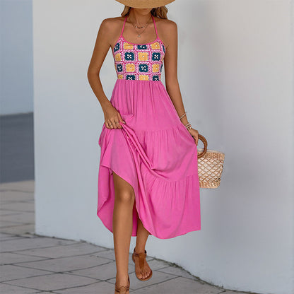 Tiered Maxi Dress with Halter Neck and Patchwork Bodice