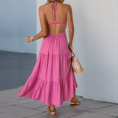 Tiered Maxi Dress with Halter Neck and Patchwork Bodice