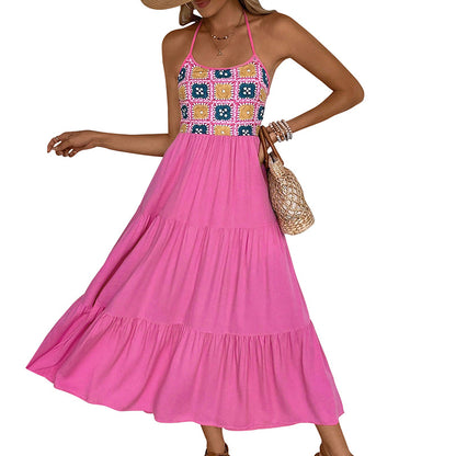 Tiered Maxi Dress with Halter Neck and Patchwork Bodice