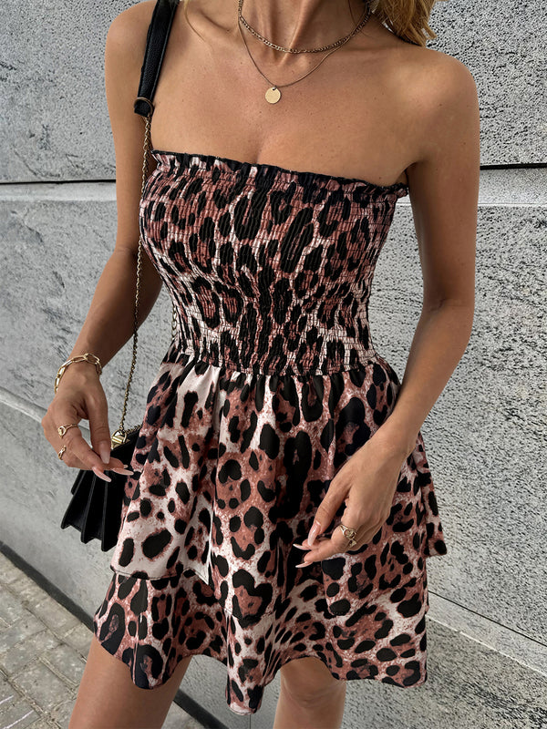 Leopard Print Mini Dress with Tube Top and Smocked Waist