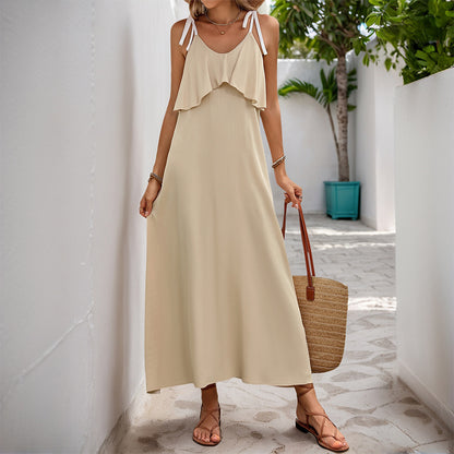 A-Line Maxi Dress with Ruffle Bodice and Tie Straps