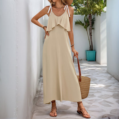 A-Line Maxi Dress with Ruffle Bodice and Tie Straps