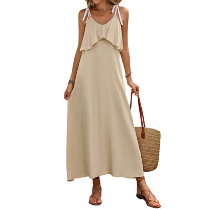 A-Line Maxi Dress with Ruffle Bodice and Tie Straps