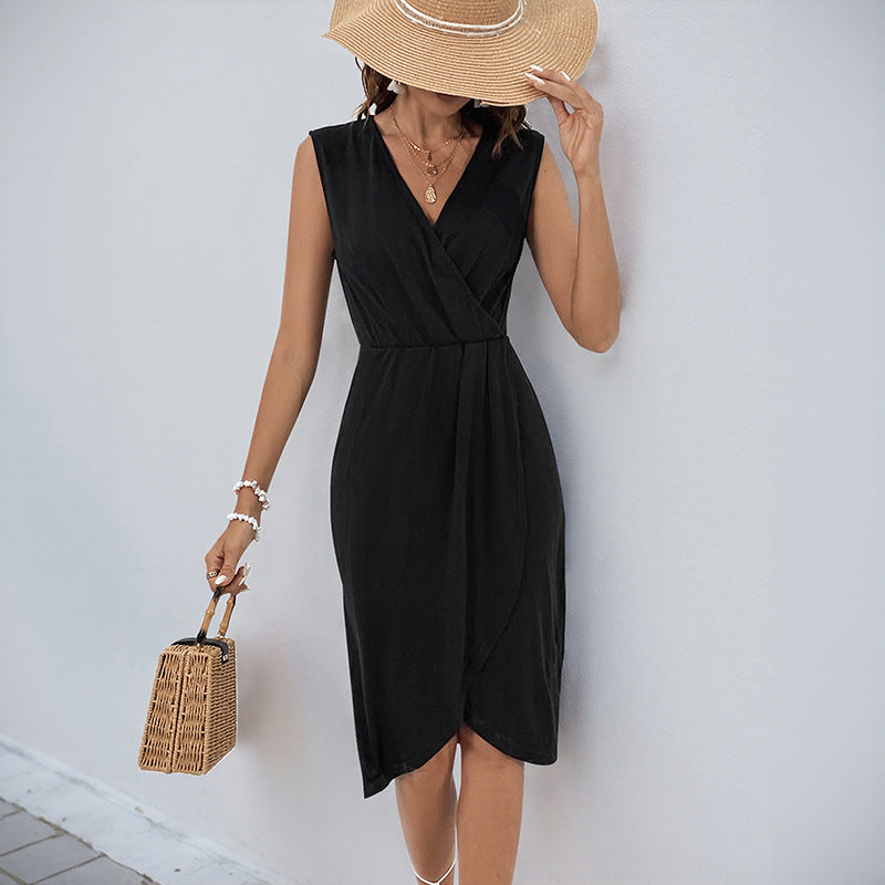 Black Sleeveless Wrap Midi Dress with V-Neck and Slit
